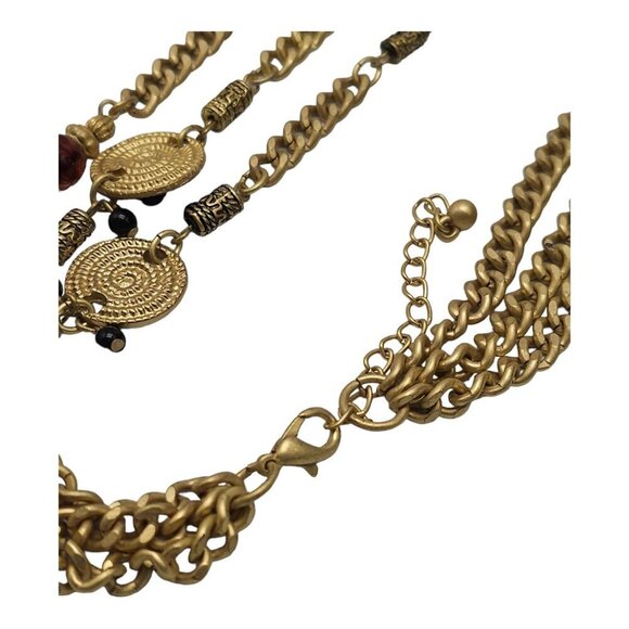 Triple Strand Tiger's Eye Spiral Disc Station Chain Necklace Gold Tone High End - Picture 4 of 5